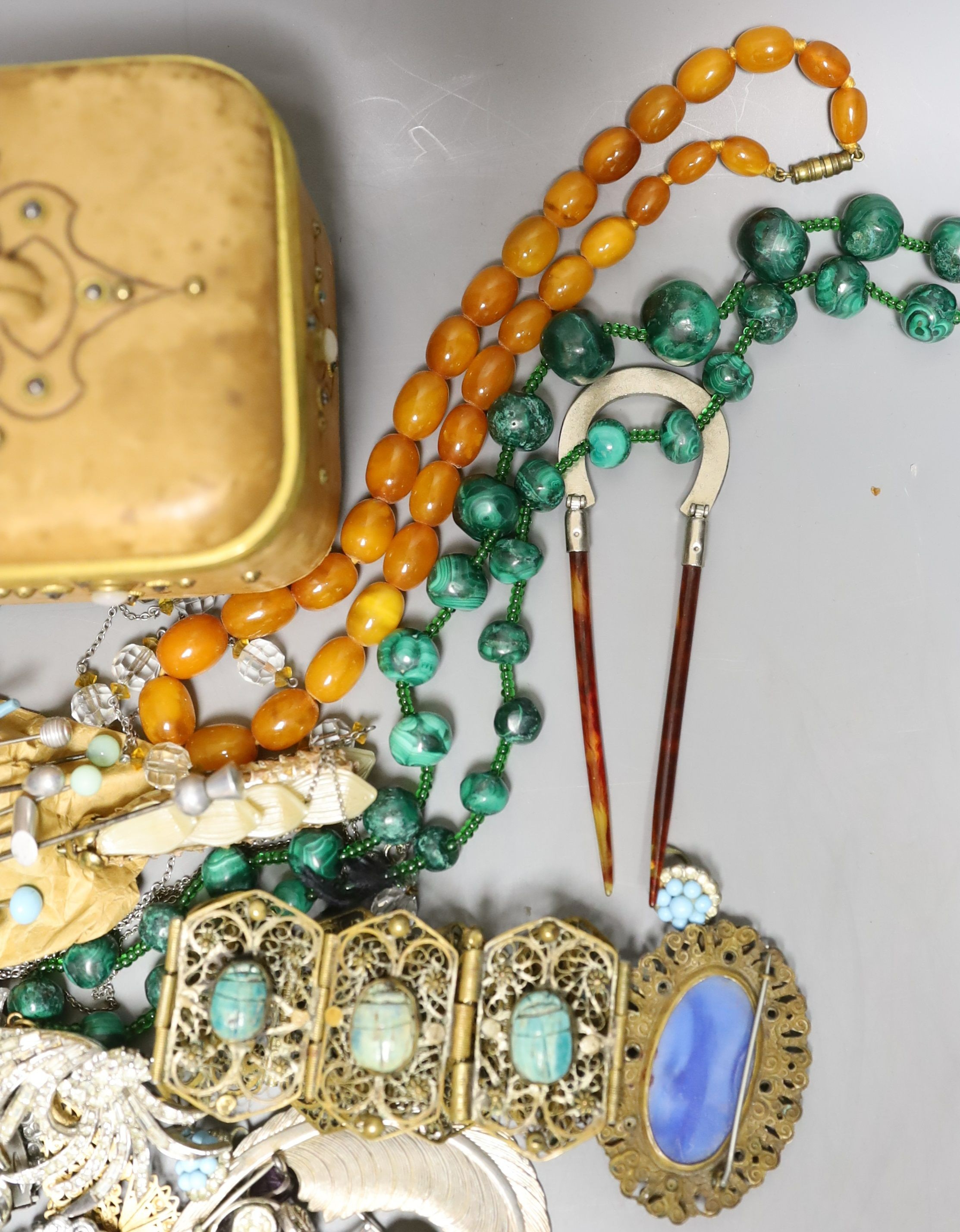 A 19th century calf skin and cut steel mounted trinket box and assorted costume jewellery, including a malachite necklace.